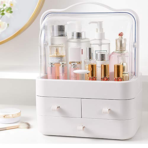 RMAN® Organizador de cosméticos a prueba de polvo, para almacenamiento de maquillaje, organizador de maquillaje, caja de cosméticos para dressser, baño, dormitorio, color blanco