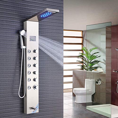 Saeuwtowy Columna de Ducha LED de Acero Inoxidable Panel de Ducha Con Ducha de Mano Salida de Agua Multifuncional Panel de Ducha de Acero Inoxidable Columna de 5 en 1 Columna de Hidromasaje