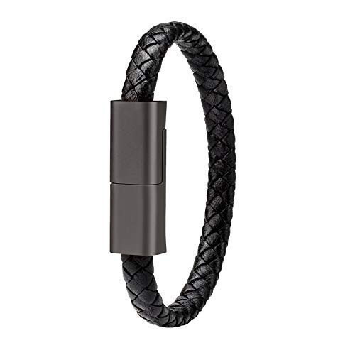 SataanReaper Presents De Cuero Pulsera De Carga USB Cable Trenzado De Banda para La Muñeca De Sincronización De Datos del Cargador para iPhone [Negro, M (8,5")] #SR-378