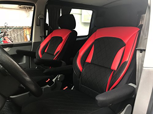 seatcovers by k-maniac Fundas de asiento T5 T6 Multivan California Kombi Caravelle Transporter Kasten asiento del conductor asiento del copiloto reposabrazos diseño T39 negro y rojo