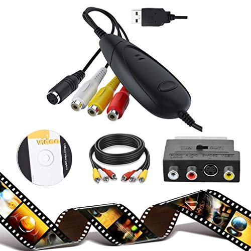 [Set 3] Capturadora Video y Audio a PC para Win10, USB2.0 DVD Grabador Digital Cintas de Video VHS Reproductor TV Convertidor + Adaptador SCART a RCA S-Video + 3 Cable RCA para Windows 8/7/XP