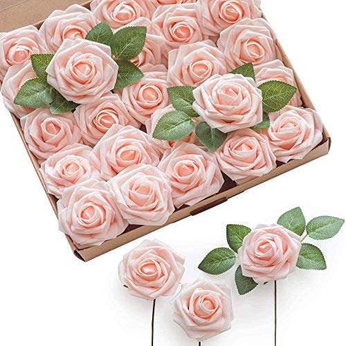 shirylzee Flores Rosas Artificiales 25pcs Espuma Rosa Falsa con Hojas y Tallos Ajustable Mirada Real con luces LED para Hogar de Mesa,Boda,Ramos de Novia,decoración de fiestas Bricolaje, color rubor