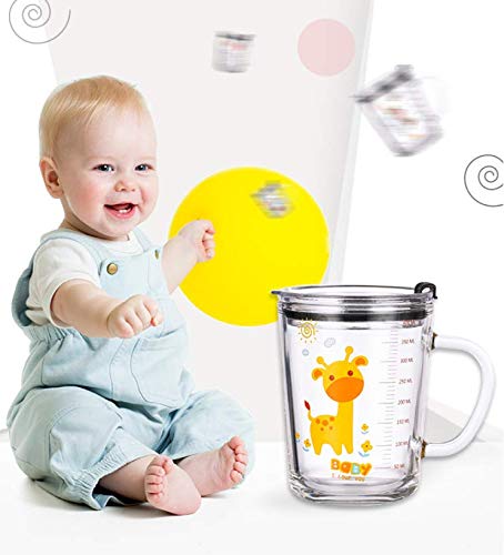 Soleiler Niño Taza Medidora Taza de Leche Vaso Taza de Escala para niños con Paja, 350 ml Taza de Agua de Vidrio para niños Impresión de Dibujos Animados a Prueba de Fugas (Jirafa)