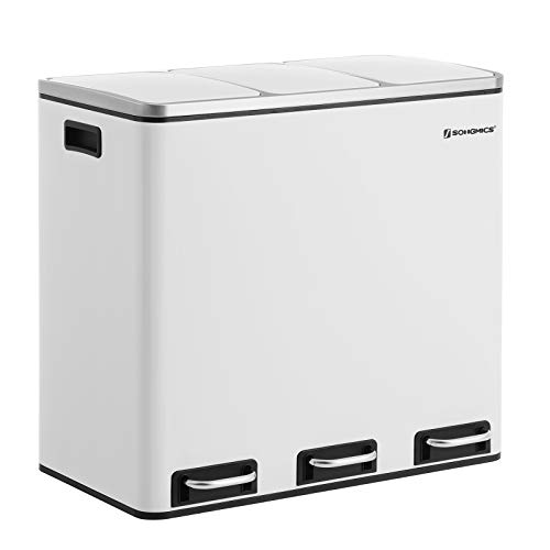 SONGMICS Basurero Reciclaje, Cubo de Basura para Cocina con 3 cubetas, 3 x 18L, Tapa de Mecanismo, con Pedales, Acero, Cubos Interiores de Plástico y Asas de Transporte, Blanco LTB54WT