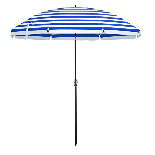 SONGMICS Parasol de Playa Ø 2 m, Sombrilla de jardín con UPF 50+, Inclinable, Portátil y Resistente al Viento, Varillas de Fibra de Vidrio, Bolsa de Transporte, Raya Azul y Blanco GPU65WU