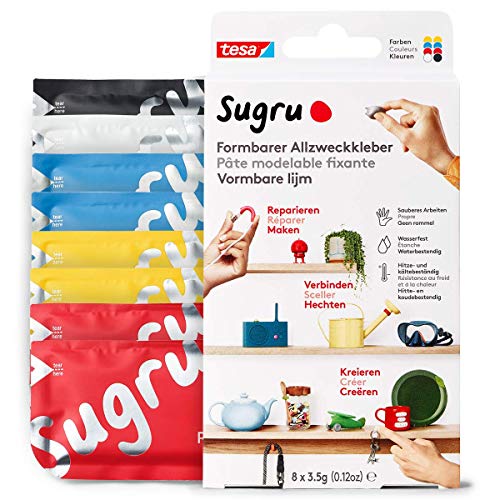 Sugru Mouldable Glue de tesa, adhesivo fuerte multiusos, envase de 8 (8 x 3,5 g) en Rojo, Azul, Amarillo, Negro y Blanco