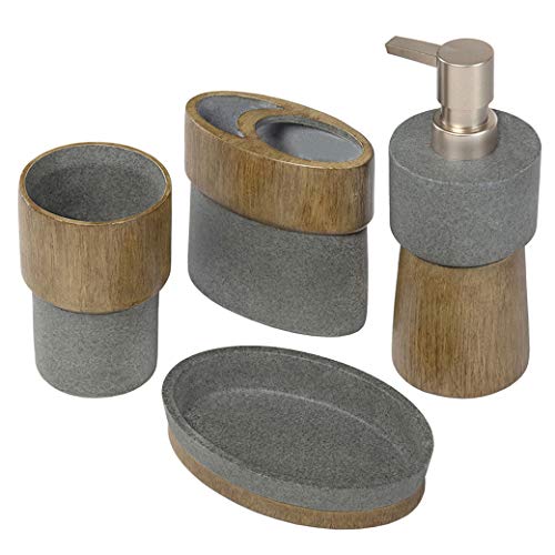 SUHU Juego de 4 Accesorios de Baño y Lavabo de Grava Natural Grano Madera con Bote Dosificador Jabon Liquido o Dispensador de Loción Jabonera Redonda Vasos Porta Cepillo de Dientes Gris+Marron