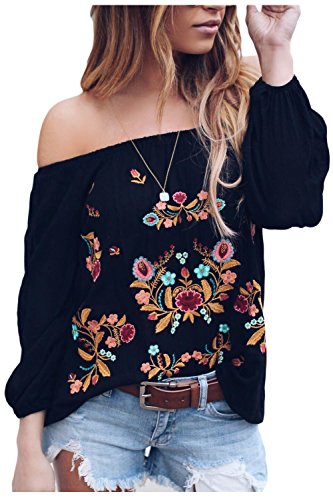 Suvimuga Mujeres Vintage Camisas Bordadas del Hombro Baggy Boho Blusa Tops Black S