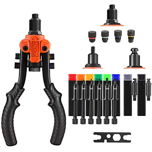 TACKLIFE 3 en 1 Pistola Remachadora, 11Pulgadas, 6 Tuerca de Remache Métricas (M3, M4, M5, M6, M8, M10) - 60 Tuercas, 5 Cabezas de Remache - 50 Remaches, Escariador cuadrado/redondo - TLRNG03HD