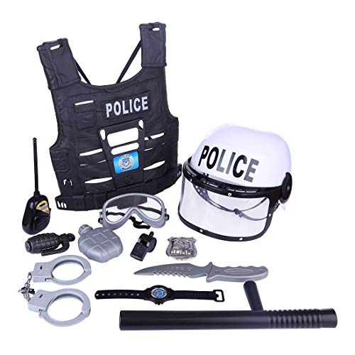 Tosbess 11 Piezas Policía de Juego, Equipamiento básico de policía de Juguete ,Kit de Accesorios policía niño,Incluyendo: Disfraz de Policía, Casco, Insignia, Esposas, Walkie Talkie y Bastón, Etc