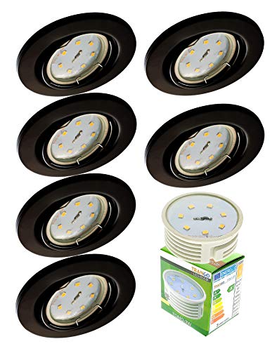 Trango Juego de 6 Foco de empotrar LED en negro mate redondo TG6729-065M3 Foco de empotrar de baño, foco de techo, lámpara de techo, foco incl.6x módulo LED de 3 vatios ultraplano de solo 3cm