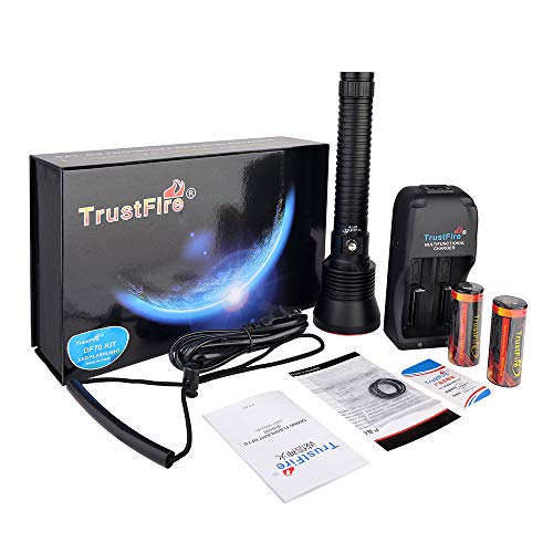 TrustFire DF70 Kit Linterna de buceo Lámpara subacuática de 3200 lúmenes para buceadores Impermeable 70M - con 2 x 26650 baterías, 1 x cargador, 1 x correa de mano y 4 x juntas tóricas de repuesto