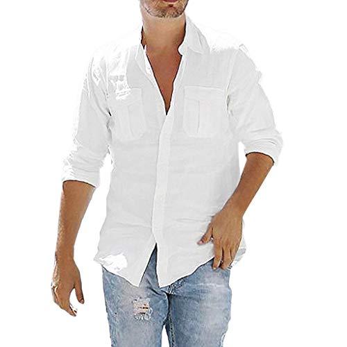 TUDUZ Camisetas Hombre Manga Larga Color Sólido Camisas Algodon Y Lino Tops Bolsillo Ropa De Cuello V (Blanco, XXL)