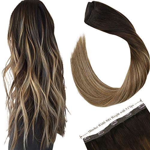 Ugeat 50GR Extensiones De Cabello Natural Clip Balayage 18" 1 Piezas Extensiones de Pelo De Clip 100 Pelo Humano (#2/6/12)