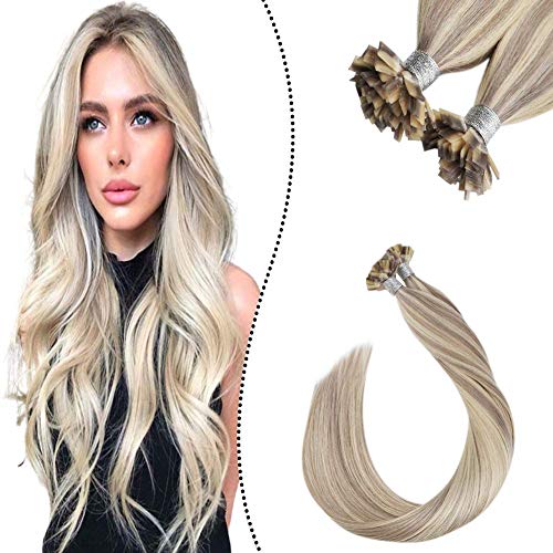 Ugeat Flat Tip Cabello Humano Extensiones Hot Fusion 60cm #P18/613 Rubio Ceniza Highlighted Rubio Blanqueador Brasileno Pre Bonded Extensiones Cabello 1g/pieza 50g/paquete