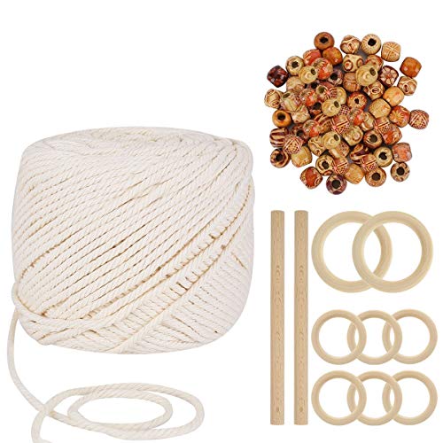 Ulikey Cuerda de Algodón Macramé, 3mm Cordón Hilo de Algodón Natural Colgante Macramé, 2pcs Palos de Madera 8pcs Anillos de Madera 100pcs Cuentas de Madera para Manualidades Bricolaje (200m-3mm)