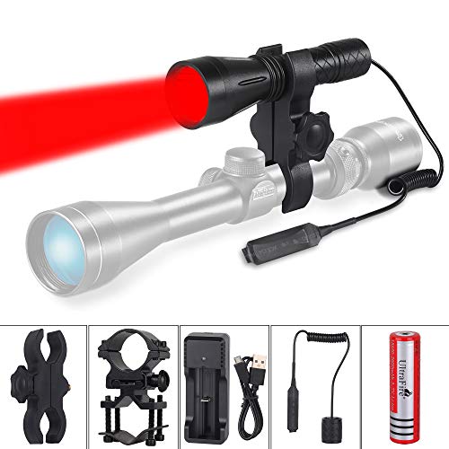 ULTRAFIRE Linterna Táctica Caza Luz Roja 620 nm 250 Yardas con Batería Recargable 18650 3,7 V 2600 mAh, Cargador USB, Interruptor Remoto, Soporte Montaje, Linterna LED Vision Nocturna H-R4