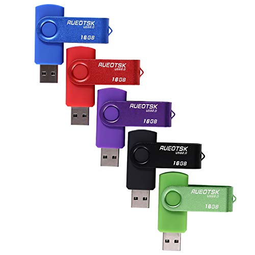 Unidad flash USB RUEOTSK, paquete de 5 unidades de memoria flash USB 2.0 giratorias de 16 GB (azul rojo púrpura verde negro)