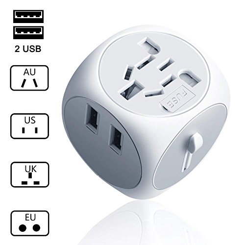 Universal Travel Adapter All in One Worldwide Travel Adapter Wall Charger AC Power Plug Adaptor with Dual USB Charging Ports 2.5A Works for US EU UK AU European Cell Phone Laptop-White