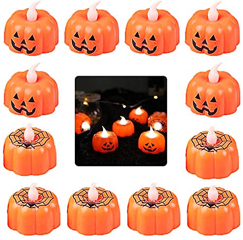 Velas de té con luz LED 3D de calabaza, decoración de Halloween, velas sin llama, para bodas, fiestas, bares, restaurantes, festivales, celebraciones, cumpleaños (12 unidades)