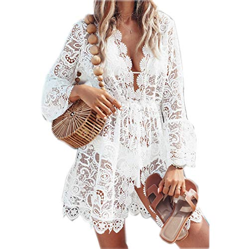 Vestido de Playa Mujer Pareos y Camisola Sexy Hueco Bikini Cover up Suelto de Manga Larga Ropa Traje de Baño Punto de Encaje con Cuello en V Blanco S