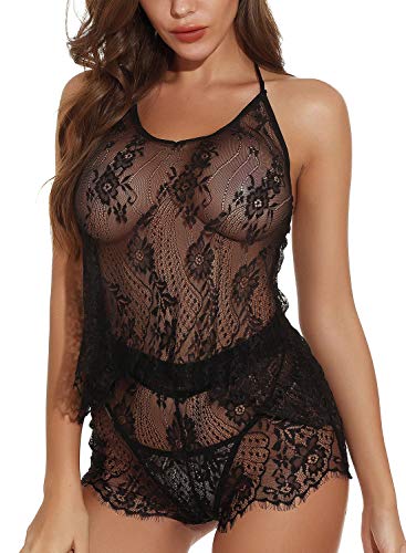 Voqeen Mujeres Halter Encaje Babydoll Lencería Sexy Transparente con Flecos Dobladillo Ropa de Dormir Tops y Bragas Transparentes y Conjuntos de Tanga