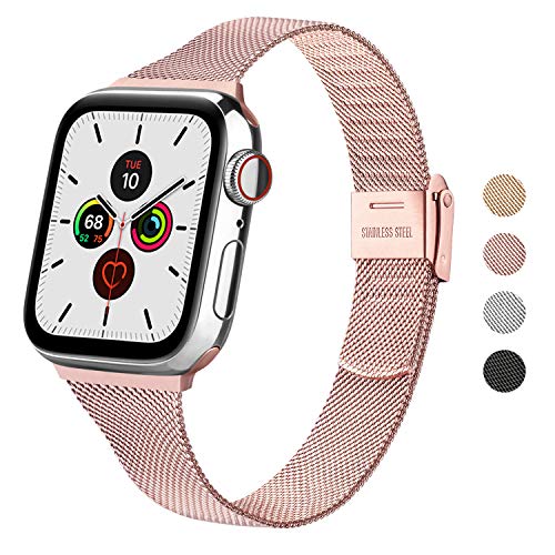 Wanme Correa Compatible con Apple Watch Correa 44mm 42mm 40mm 38mm, Estrecha y Fina Pulsera de Repuesto de Acero Inoxidable Hebilla de Metal para iWatch Series 6 5 4 3 2 1 SE (42mm/44mm, Rosa)