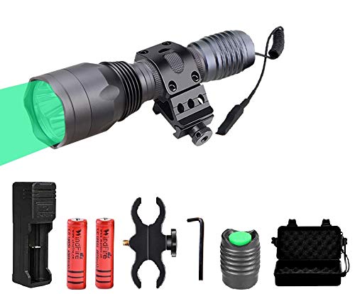 Windfire Linterna de caza profesional – Kit de linterna nocturna para caza con luz verde con presostato, montar, batería y cargador [Clase de eficiencia energética A]