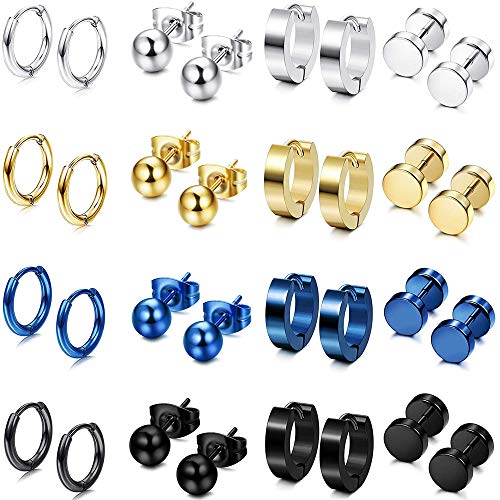 YADOCA 16 Pares Acero Inoxidable Pendientes Studs para Hombre Mujer Huggie Barbell Aretes Cartílago Pendientes Conjunto