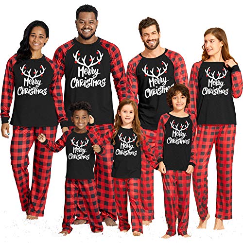 Yaffi Conjunto de pijama a juego para la familia con diseño de alce de dos piezas, con estampado de alegre Navidad, con pantalones a cuadros, ropa de salón para mamá y papá niños