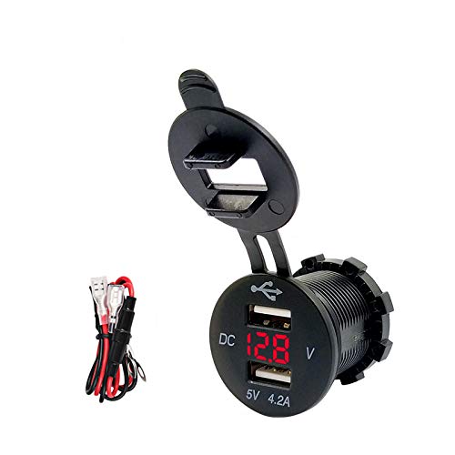 YGL Impermeable 12V DC 4.2A Cargador Dual USB LED con voltímetro para Motocicleta Coche（Rojo）