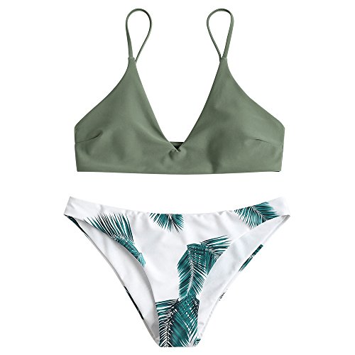 ZAFUL Bikini de mujer de 2 piezas, traje de baño con estampado de hojas tropicales y bralette acolchado Verde camuflaje. L