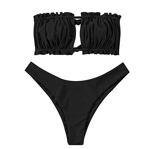 ZAFUL Conjunto de bikini para mujer, banda sin tirantes con cordón, traje de baño de color liso Negro S