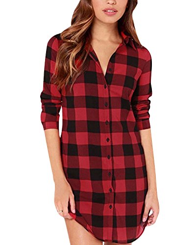 ZANZEA Camisa Mujer Blusa Camisa Cuadros Larga Camiseta Mujeres Top V Camisa Elegante Túnica Oficina Algodón Botones Mangas Largas para Mujer Rojo Negro-01 38