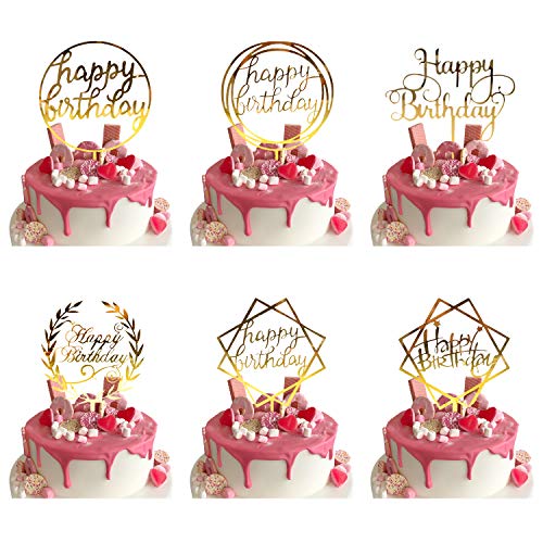 ZAWTR 6 Piezas Happy Birthday Cake Topper, Oro Topper de Pastel de Cumpleaños, Acrílico Cupcake Toppers para Tartas Suministros de Purpurina Decoración de Fiesta