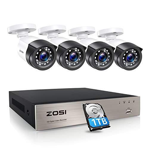 ZOSI 1080P Kit de Cámara de Seguridad 8CH H.265+ Grabador DVR con (4) Cámara de Vigilancia Exterior, 1TB Disco Duro, 20m Visión Nocturna, P2P