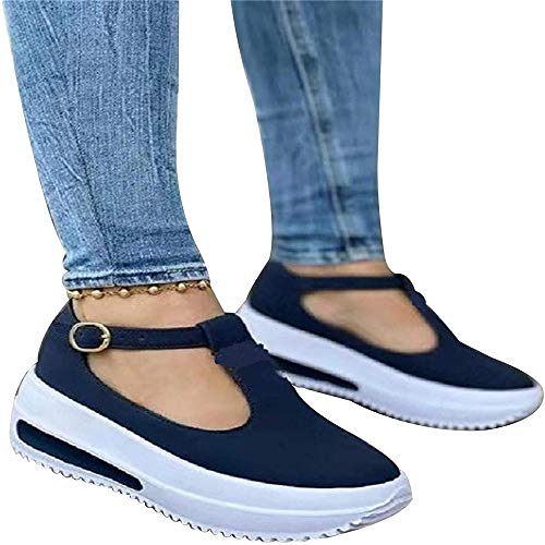 ZSWW Mocasines de cabeza redonda, para mujer, con tacón de cuña superior, diseño de hebilla, suela gruesa, antideslizante, transpirable, 37 azul