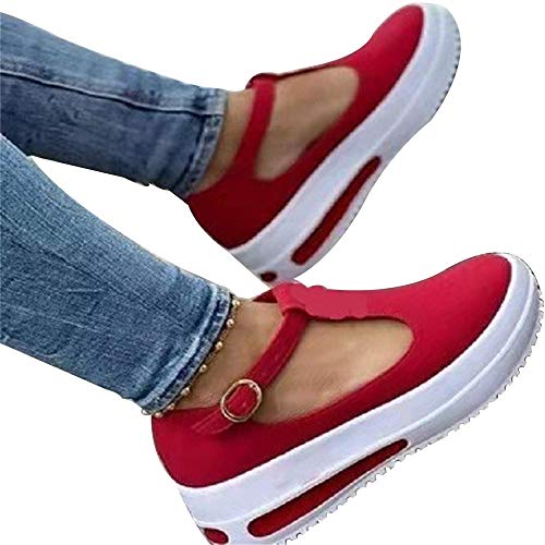 ZSWW Mocasines de cabeza redonda, para mujer, con tacón de cuña superior, diseño de hebilla, suela gruesa, antideslizante, transpirable, 42 rojo