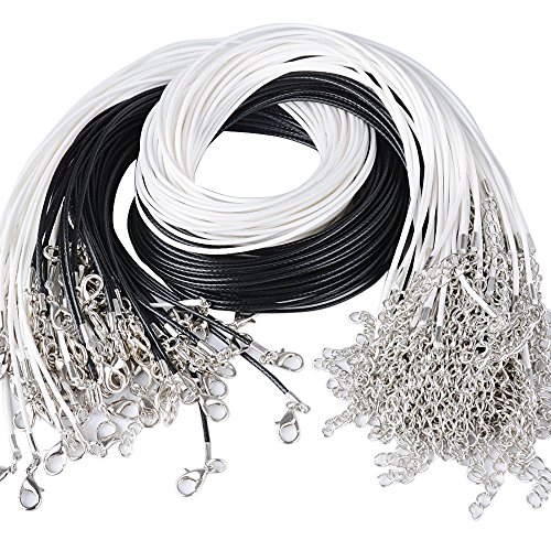 100pcs 49cm Cuerda Cordones de Collar Ajustable Negro Blanco Collar de Cadena Colgante + Broche de Langosta para Bricolaje Collares Pulsera (50pcs blancos+50pcs negros)