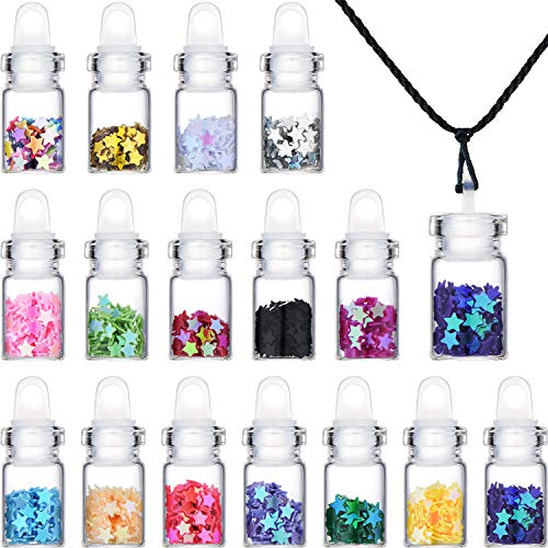 16 Piezas Juego de Collar con Colgantes de Tarro de Cristal Mini Borrar Mini Botellas de Deseo con Estrellas de Lentejuelas y Cuerdas Negras para Suministros Festivos para Fiestas