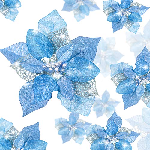 24 Piezas Flores Poinsettia Brillantes de Navidad Flores Navideñas Artificiales Adornos de Año Nuevo Árbol de Navidad Boda (Azul)