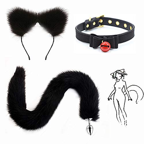 3pcs Lobo Orejas de piel sintética Pinza para el cabello Peludo 78cm Traje de cola larga Fiesta de Halloween Gargantilla de cuello Arco, campanas Set-l