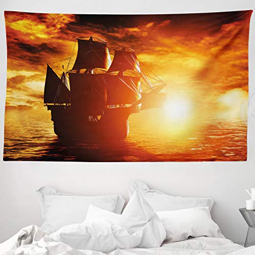 ABAKUHAUS Barco Pirata Tapiz de Pared y Cubrecama Suave, Puesta del Sol De La Nave Antigua, No se Desliza de la Cama, 230 x 140 cm, Negro Amarillo Naranja