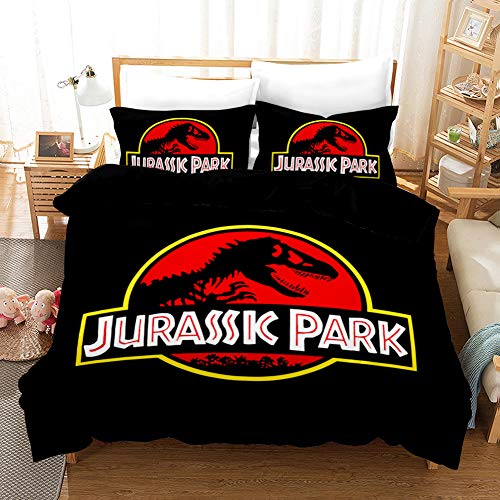 ADONINELP Bedding Juego de Funda de Edredón,Un Dinosaurio en un Logotipo Circular sobre un Fondo Rojo Impreso en Jurassic Park，Microfibra Funda de Nórdico y Fundas de Almohada - (Soltero 140 x 200cm)