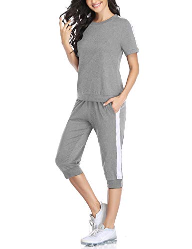 Aibrou Chandal Mujer Completo,Conjunto Chándal Sudadera Manga corta y 3/4 Pantalones Piratas,Trajes de 2 Piezas Deporta Moda de Manga Larga Ropa de salón Corredores,( Gris Claro,L )