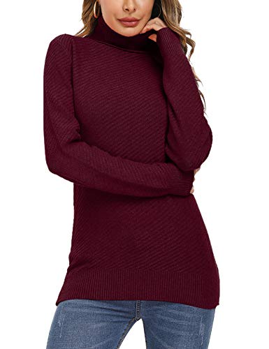 Aibrou Suéter de Cuello Alto para Mujer,Jersey de Manga Larga Liso Suave y elástico con Textura de Rayas oblicuas,Invierno (Vino Tinto S)