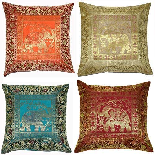 ANJANIYA Juego de 4 fundas de cojín de seda de elefante banarsi étnico indio bohemio de 43 x 43 cm, hechas a mano, diseño de elefante, estilo bohemio, para regalo (elefante de seda)