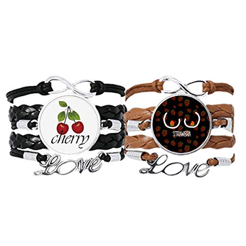 Bestchong Pulsera de piel con diseño de fresa roja y correa de mano con cuerda de piel y cereza, juego doble