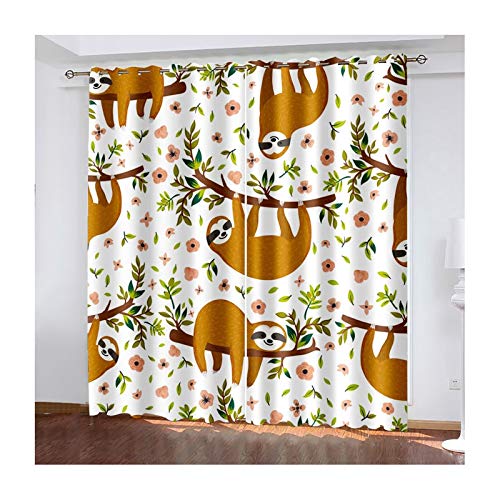 Beydodo Cortina Comedor Poliéster Cortinas Opacas Termicas 2 Piezas Pereza en la Rama y Hojas Flores Marrón Verde Cortinas Dormitorio 264x183CM