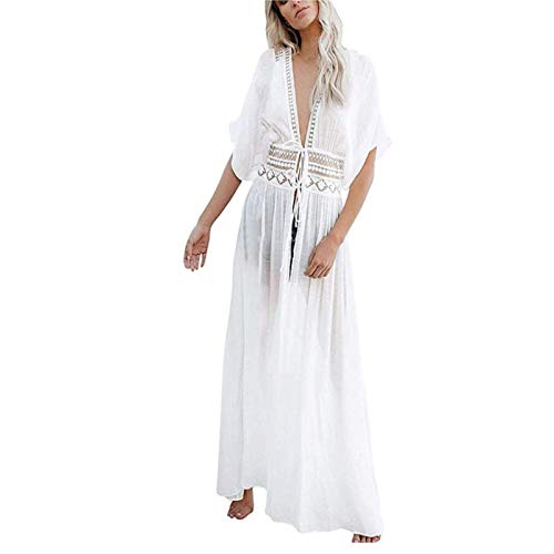 Bikini De Ganchillo De Encaje Para Mujer Ropa De Playa Vestido De Playa Vestido De BañO De Verano, Vestido De BañO De Ganchillo De Manga Larga Con Cuello En V Y Encaje Para Mujer XXL blanco